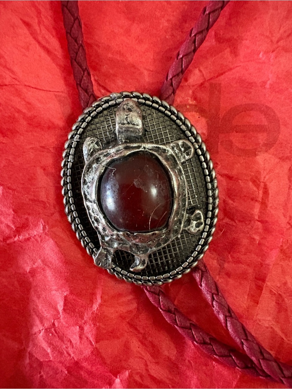 Turtle Bolo Tie with Deep Red Stone